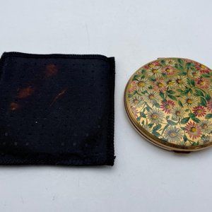 Vintage Kigu of London Golden Floral Style Round Folding Compact Mirror w/ Case